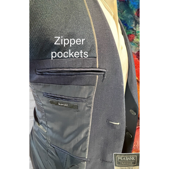 Jos A Bank Travel Tech Mens 38S Slim Navy Blue Blazer Jacket Textured - Picture 6 of 14